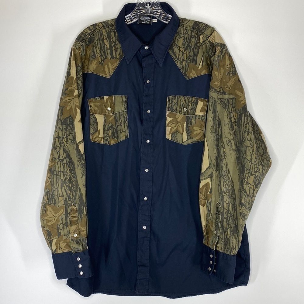 Vintage Outdoor Sportswear Black Trebark Camo Pearl Snap Button Down Shirt XL